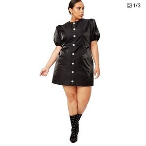 DANIELLE BERNSTEIN Black Puff Sleeve Mini Dress Shiny Rhinestone Type Buttons 18